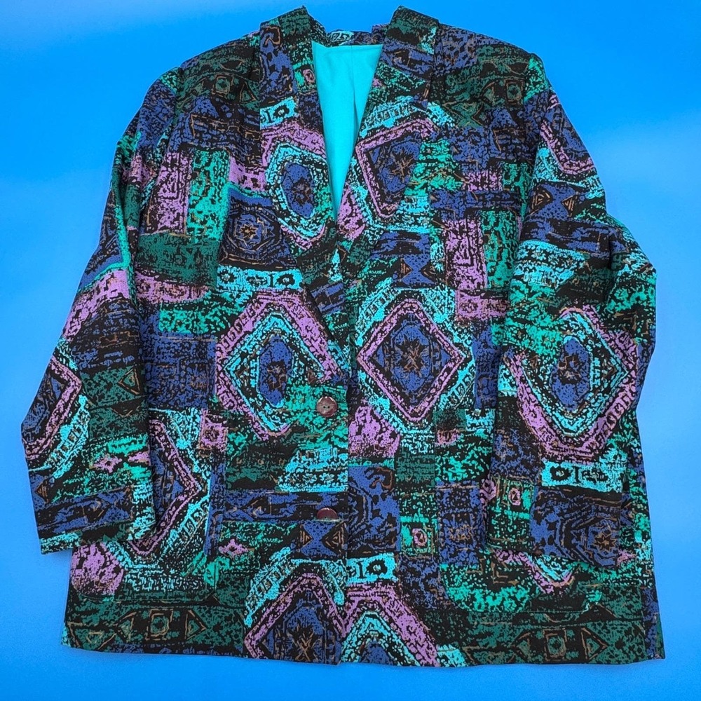 Vintage Abstract Print Blazer Blue Green Purple Geometric Pattern Jacky no tags